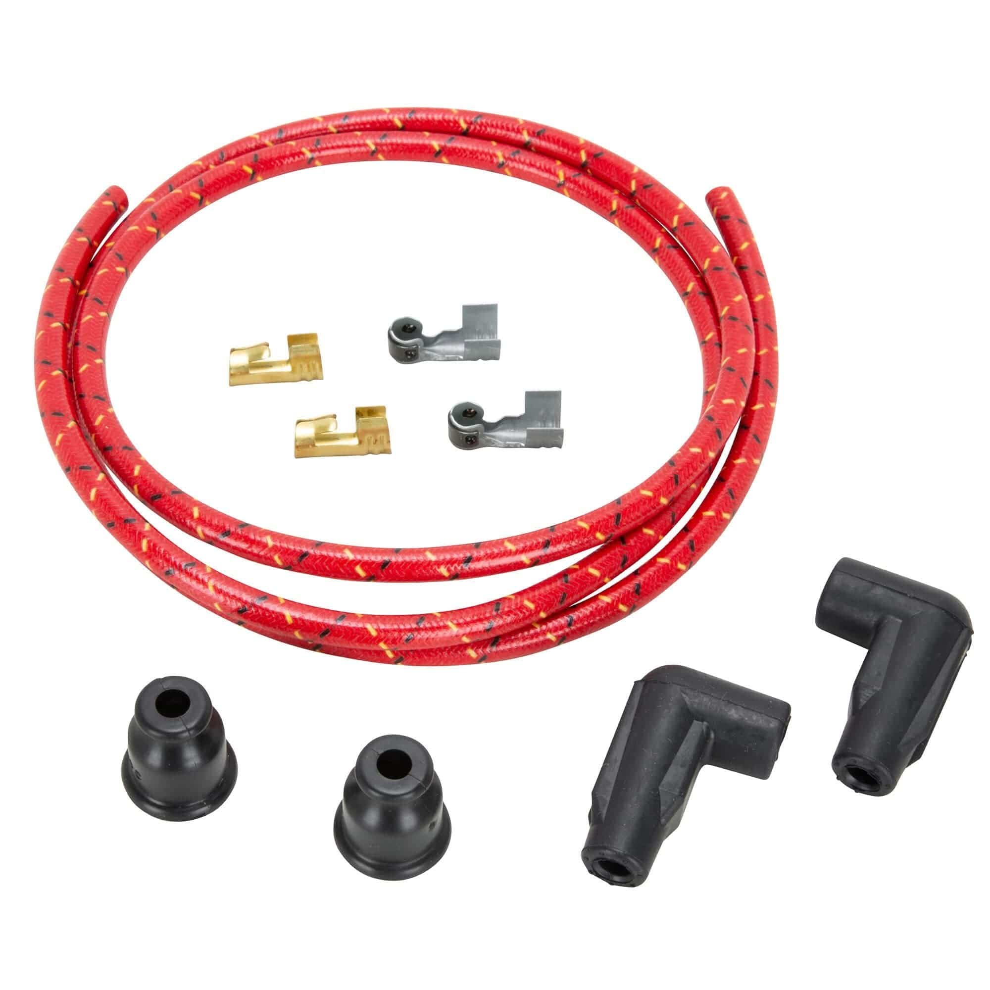 Lowbrow Customs 7mm Cloth 90 Degree Spark Plug Wire Sets - Red w/ Black and  Yellow Tracers